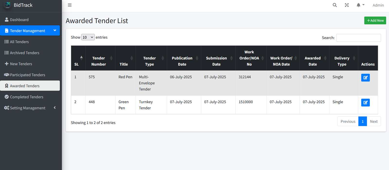 Awarded Tenders